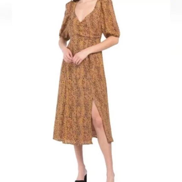 WAYF Leopard Print Faux Wrap Boho Midi Dress Women's L Brown Boho Retro 90s Y2K - Picture 1 of 10
